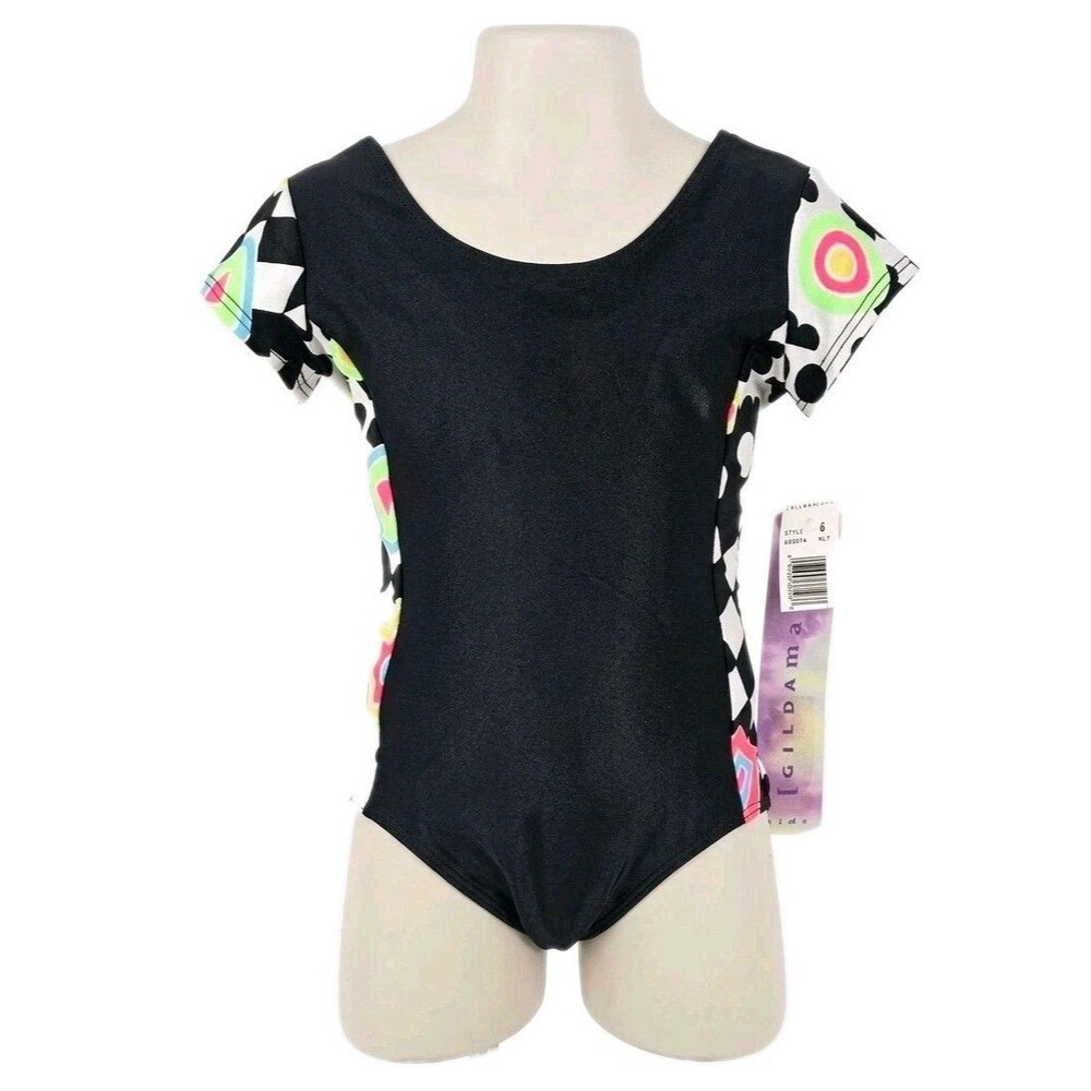 Gilda Marx Black Neon Short Sleeve Lycra Leotard Kids 6X/7 Dance Gymnastics